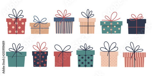 Foto Set of twelve hand-drawn gift boxes with ribbons and patterns
