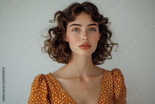 Portrait of a beautiful young woman with curly brown hair, green eyes, and freckles wearing a polka dot dress against a neutral background