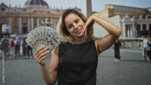 Quadro su tela Woman holding fan of cash in front of building at st peter's square vatican, posing with a coy smile; playful wealth confidence