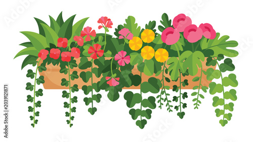 A rectangular window planter box overflows with vibrant pink and yellow flowers, complemented by lush green trailing vines and ivy leaves.