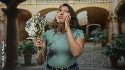 Foto Woman holding bouquet with hand to cheek in building courtyard, looking upward; melancholy reflection solitude