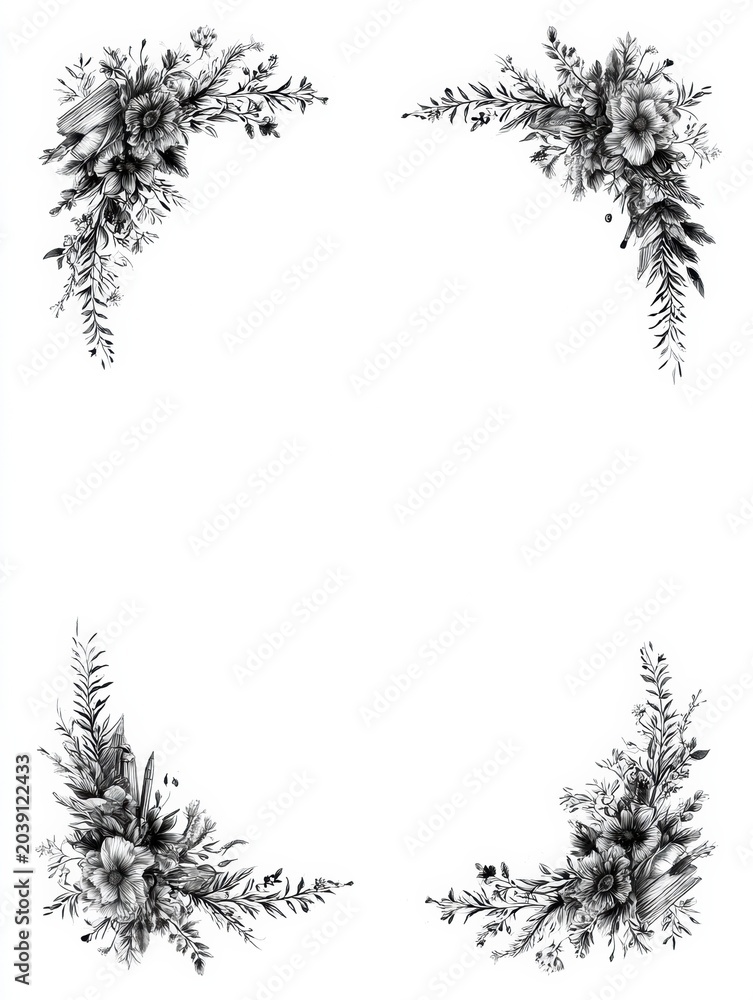 Fototapeta premium This design features a hand-drawn border frame made of floral and botanical elements. The center remains empty for various creative uses.