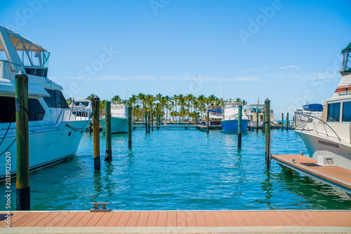 Fotografía White luxury motor yachts moored at piers inside tropical Key West marina harbor on a Caribbean cruise vacation route