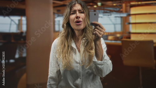 Cuadro en lienzo Woman holding creditcard with palm out in pleading gesture in airport lounge seating area; frustration