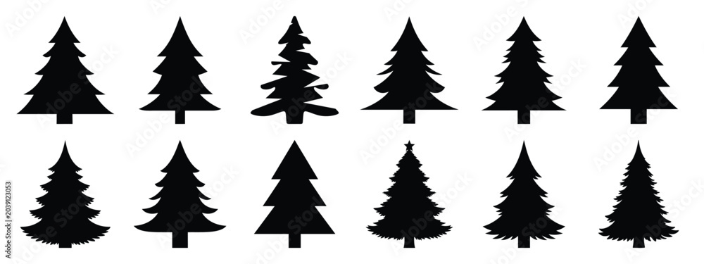 Obraz premium christmas tree shadow art icon set silhouette Vector illustration. Christmas vector icons and white background.