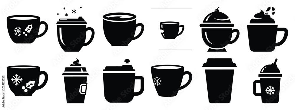 Fototapeta premium holiday cup icon set silhouette Vector illustration. Christmas vector icons and white background.