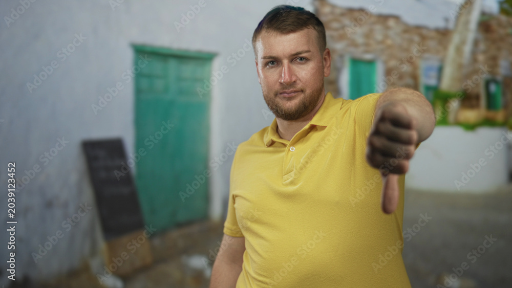Fototapeta premium Man in yellow polo giving thumbsdown with visible thumb on street in front of building doorway; disapproval judgment.