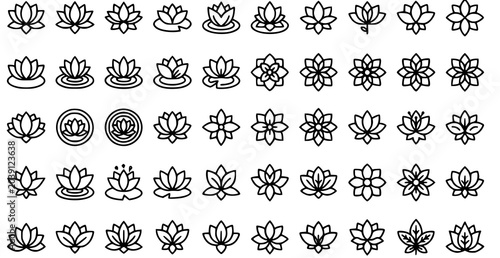 Photos Bold aquatic flower vector icon pack with lotus and water lily outline floral sy
