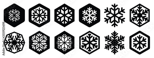snowflake hexagon icon set silhouette Vector illustration. Christmas vector icons and white background.