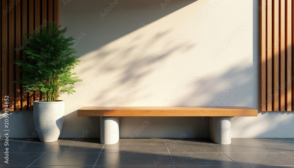Fototapeta premium Modern wooden bench with concrete legs sits near a green potted plant. Shadows of leaves fall on a light wall. Vertical wood slats frame the scene. Minimalist outdoor space.