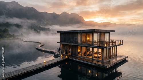 Modern Floating House on a Misty Lake at Sunrise ai generated