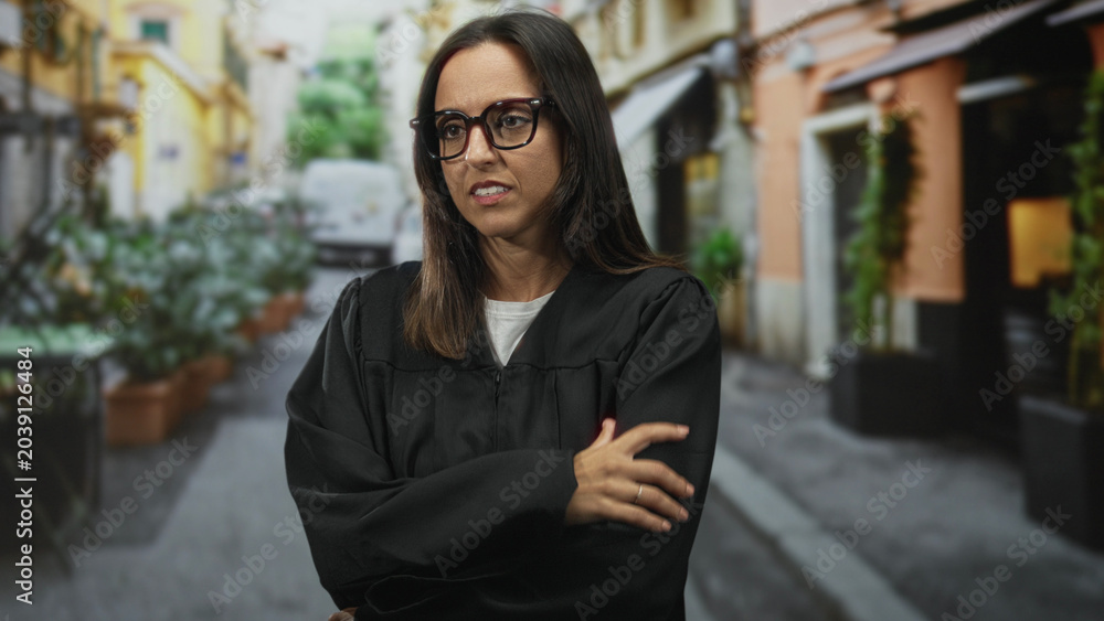 Fototapeta premium Woman judge in black robe wearing glasses with hand on upper arm and crossed posture in a narrow street; concern duty.