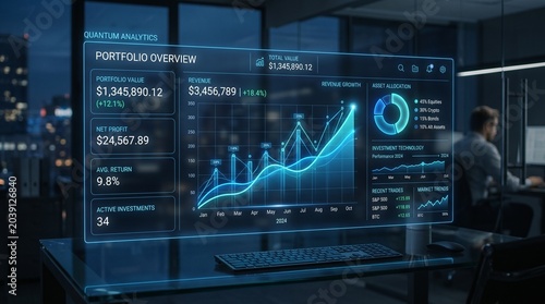Businessman analyzing financial data on screen.