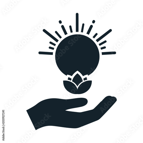 Принти на полотні Spiritual lotus flower icon with rising sun, hand holding zen meditation symbol,