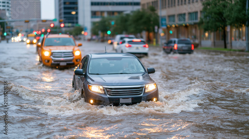 Urban street heavily flooded with cars driving through deep water during a rainstorm.