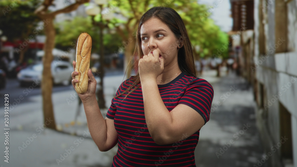 Fototapeta premium Woman holding baguette in one hand while finger to lips for silence on a city street lined with trees; hesitation hunger.