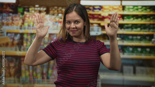 Billede på lærred Woman wearing red striped shirt raising palms and smiling in supermarket building aisle with shelves; daily grocery errand playful
