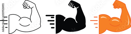 Photos Strong muscle arm with speed lines icon set for fitness and gym power vector ill
