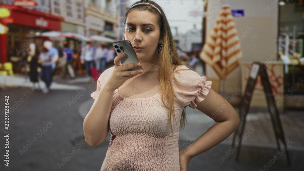 Fototapeta premium Woman in pink dress holds smartphone to mouth with hand on hip on street cafe terrace; thoughtful reflection.