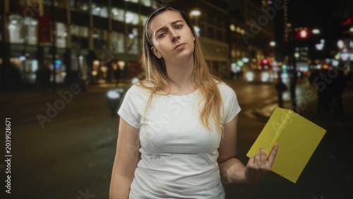 Tablou pe pânză Woman holding yellow book, hand on hip and head tilted in a night street at dusk; annoyance defiance