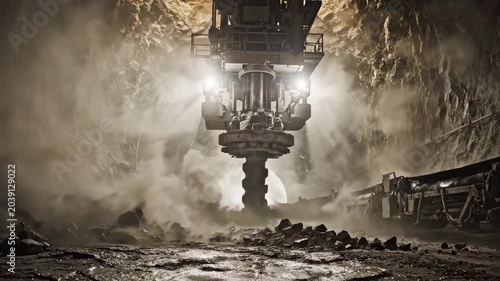 Massive industrial drill bores through solid rock deep underground for new subway line construction