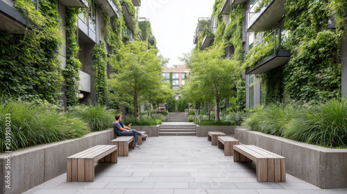 Green Wall Courtyard Oasis Urban Buildings Social Seating