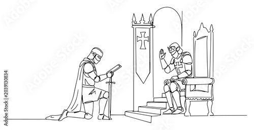 Photos Medieval knight kneeling before king on throne continuous line drawing, royal co