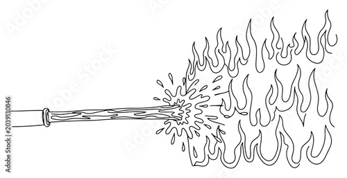 Foto Water hose extinguishing fire flames continuous one line drawing, firefighting a