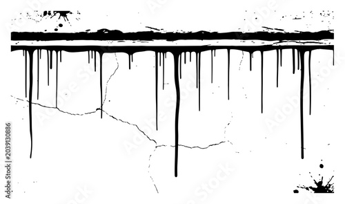 Konstfotografi Black paint drips on cracked wall vector texture, grunge dripping ink background