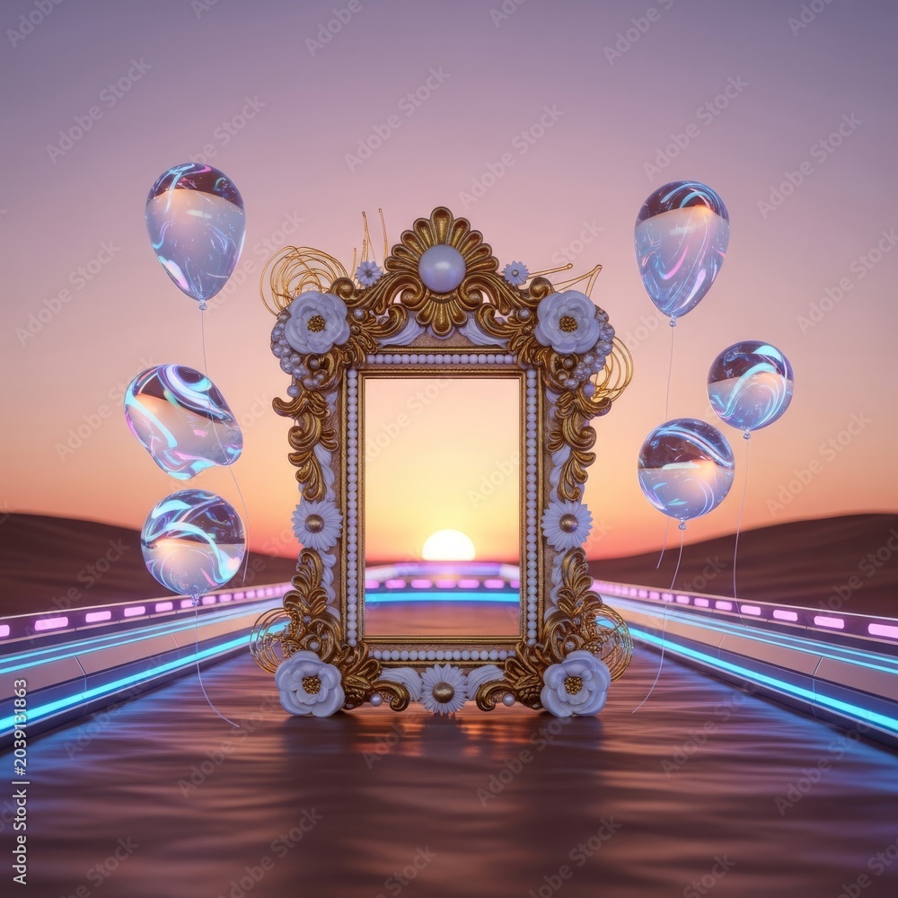 Fototapeta premium An ornate candy frame stands in a high-tech desert racing arena while luminous holographic balloons float under a futuristic sunset sky, digital, balloons, vibrant