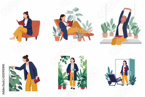 Foto Set of flat vector illustrations showing a woman enjoying home activities like reading, stretching, and plant care for wellness and relaxation