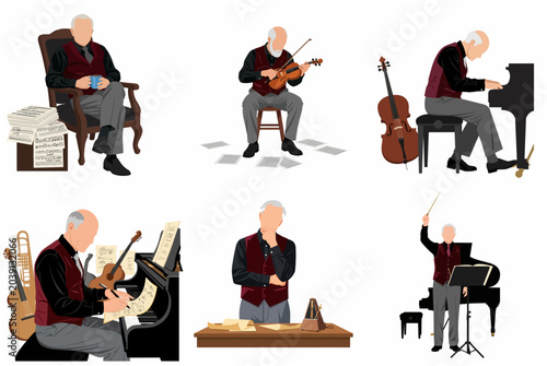 Photos Set of Elderly Male Musician Illustrations Playing Piano, Violin, Conducting, an