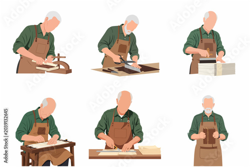 Tableau sur toile Professional Bookbinder Artisan Set Showing Various Stages of Traditional Bookbi