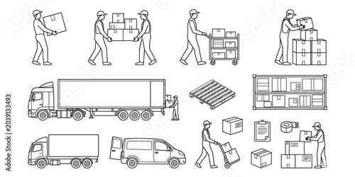 Foto Warehouse worker CAD drawing set with people lifting boxes, carrying packages, s