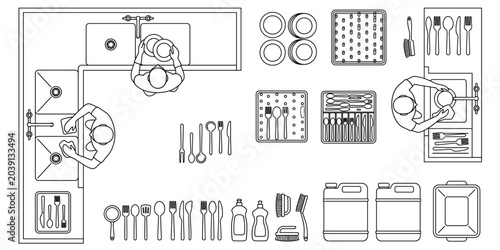 Quadro su tela Commercial kitchen dishwashing station CAD top view with sink, workers, plates,