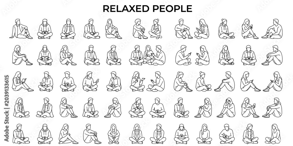 Obraz premium People sitting outline vector illustration. Relaxed ground poses, casual entourage figures for architectural interior scenes