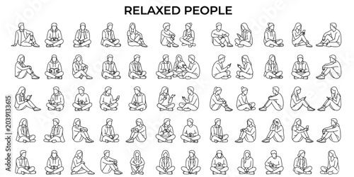 People sitting outline vector illustration. Relaxed ground poses, casual entourage figures for architectural interior scenes