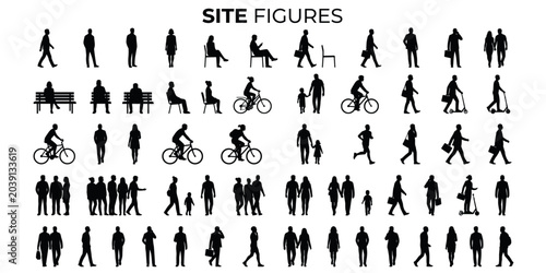 Architectural entourage people silhouettes for urban planning, elevation scale figures, standing, walking, bicycle, business and family vector set