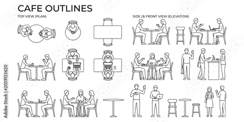 Tableau sur toile Architectural cafe activity people line drawings for floor plan, elevation, side