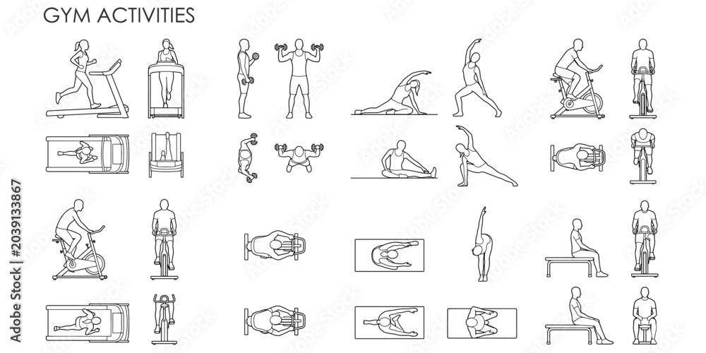 Fototapeta premium Gym people silhouettes vector illustration. Architectural fitness figures running, lifting, stretching, cycling and resting for floor plans and elevations