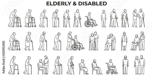 Elderly disabled people vector illustration set. Wheelchair, cane, walker and senior mobility figures for architectural elevation and accessibility diagrams