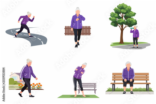 Active senior woman character set performing various exercises, jogging, walking, stretching and resting, healthy lifestyle concept for elderly people, flat vector illustration.