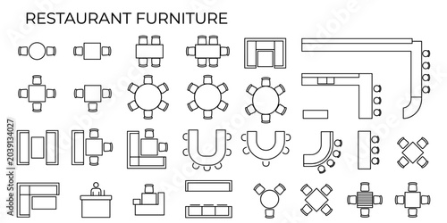 Restaurant furniture CAD blocks vector illustration. Top view tables chairs and bar counter symbols for architectural floor plan layouts