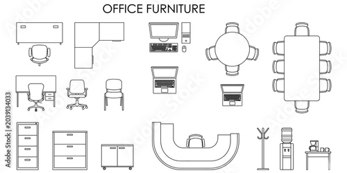 Office furniture CAD blocks vector illustration. Top view desks, chairs, computers, meeting table, reception desk and filing cabinet floor plan symbols