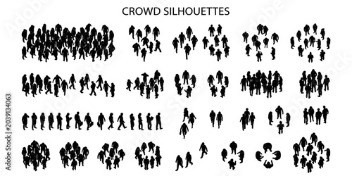 Top view crowd people CAD blocks vector illustration. Solid black human group silhouettes, urban site plan symbols for city planning