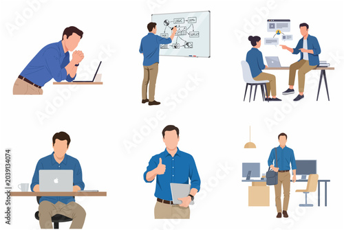 Set of Business Professional Man Character Illustrations in Various Office Work Scenarios