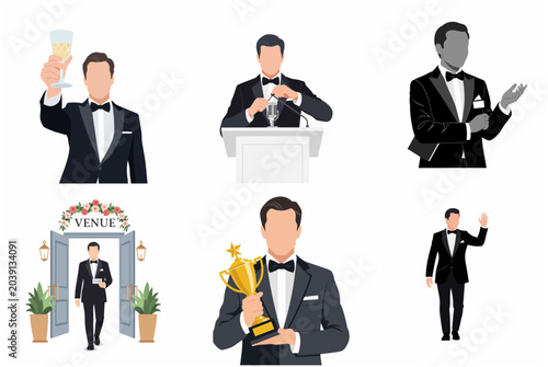 Set of Elegant Man in Black Tuxedo Illustrations for Gala Events, Award Ceremonies, and Formal Celebrations