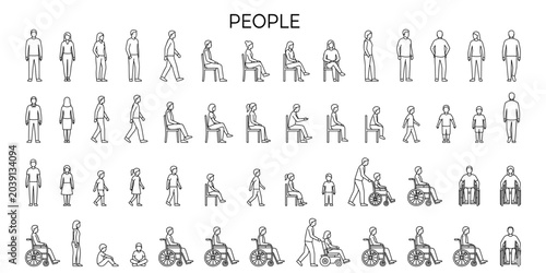 Architectural people CAD figures vector illustration. Elevation scale silhouettes of adults children and wheelchair users for inclusive layouts