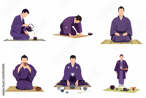 Collection of Japanese Men in Traditional Kimono Performing Tea Ceremony Ritual Flat Vector Illustration