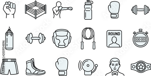 Foto Set of boxing and sports line icons featuring equipment, championship gear, ring